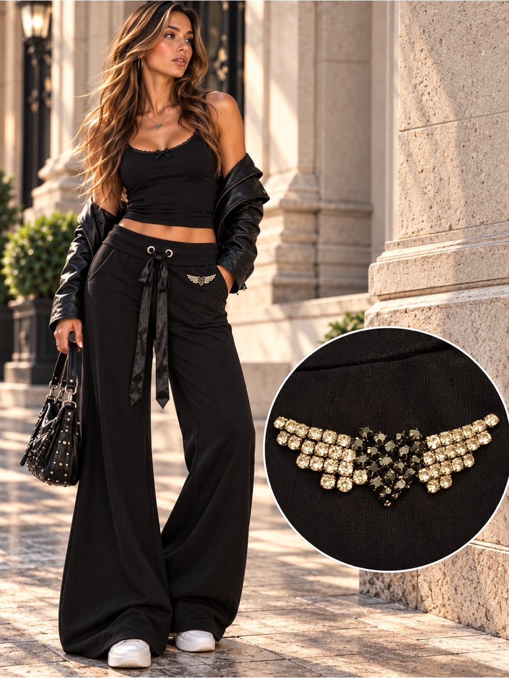 TWISTED HEART VTG Y2K Black Winged Heart Rhinestone Low Rise Wide Flare Pants S
